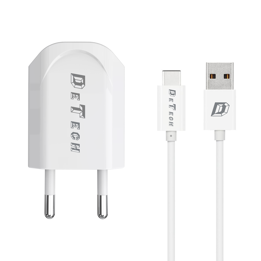 DeTech, DE-11C Network charger, 5V/1A 220A,Universal, 1 x USB,Witch Type-C cable, 1.0m,White-14117