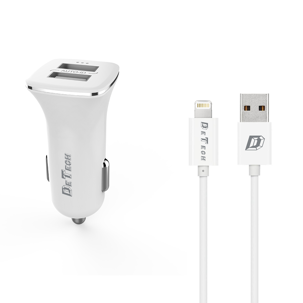 DeTech, DE-C01i,Car socket charger 5V/2.4A, 12/24V, With Lightning cable, 2 x USB, White - 14123