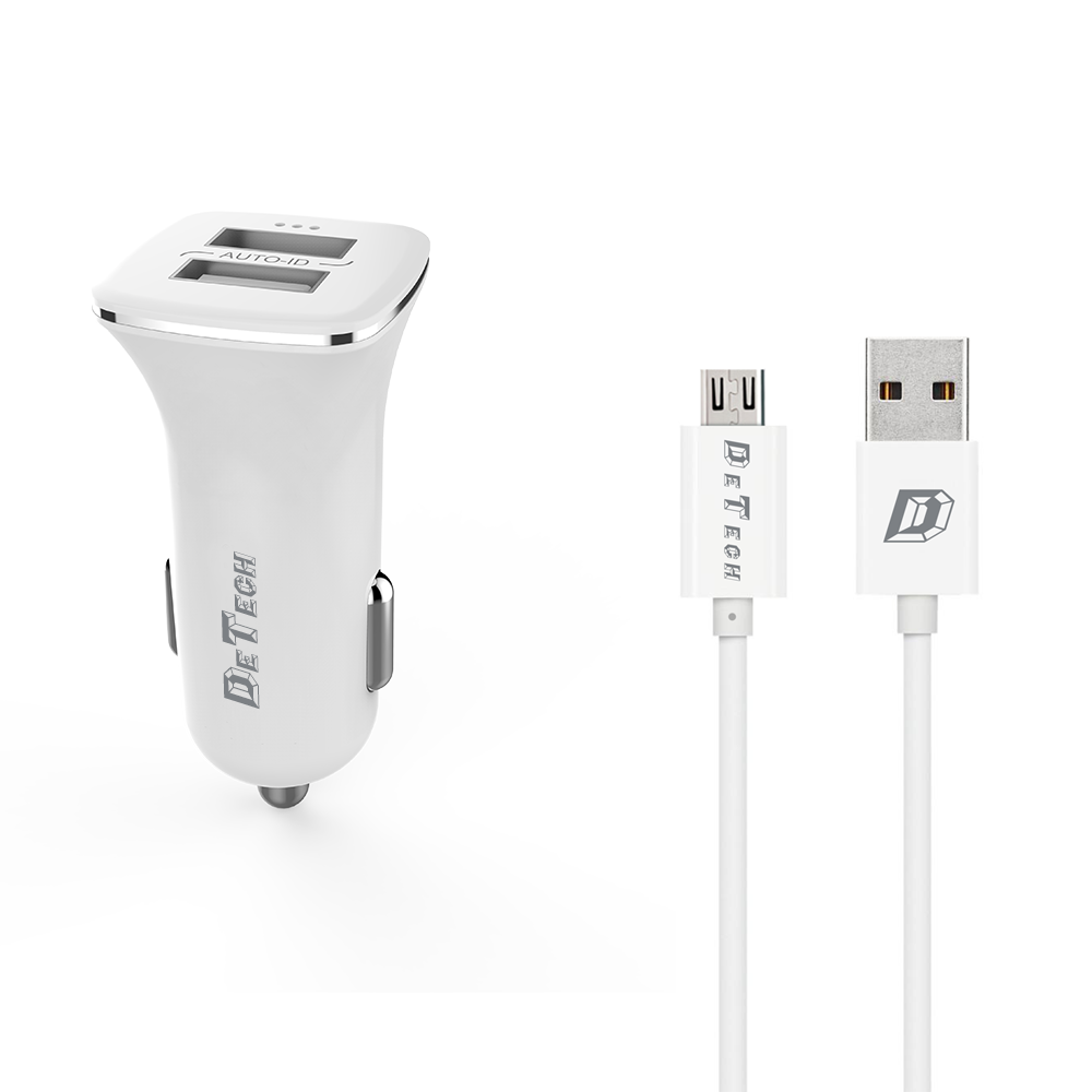 DeTech, DE-C01M,Car socket charger 5V/2.4A, 12/24V, With Micro USB cable, 2 x USB, White - 14124