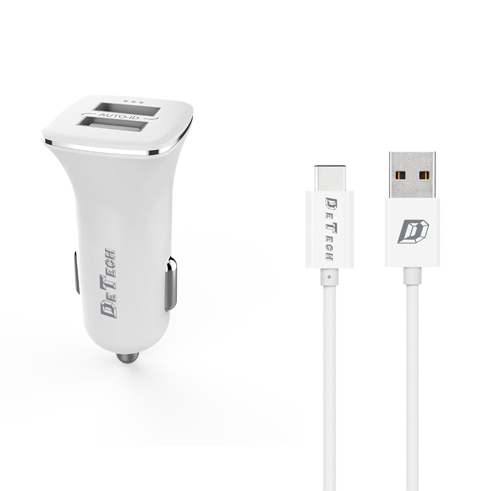 DeTech, DE-C01C,Car socket charger  5V/2.4A, 12/24V, With Type-C cable, 2 x USB, White - 14125