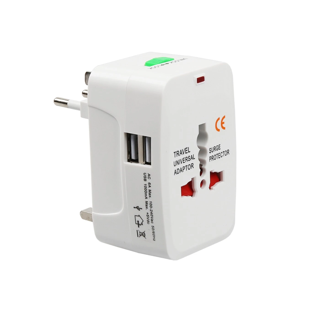 OEM Universal travel adapter - charger 2xUSB, 1.0A, EU/US/UK/AU to EU/US/UK/AU, 220V, White - 17708
