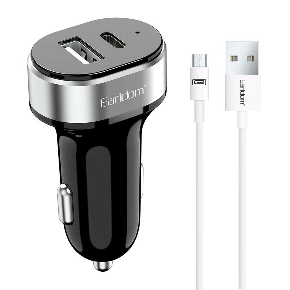 Earldom ES-CC14,Car socket charger 1xUSB, 1xType-C, With Micro USB cable, Black - 40241