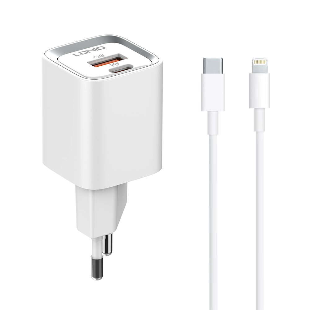 LDNIO A2318C,Network charger 20W, 1xType-C F,1xUSB F,PD,QC,Type-C to Lightning cable,White-40293