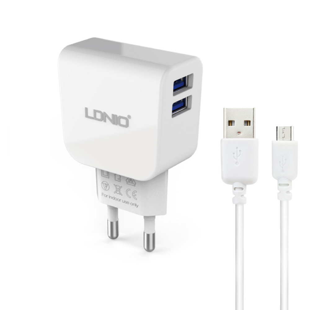 LDNIO DL-AC56 Network charger,5V/2.1A, 2 USB Ports, Lightning (iPhone 5/6/7) cable, White - 14462