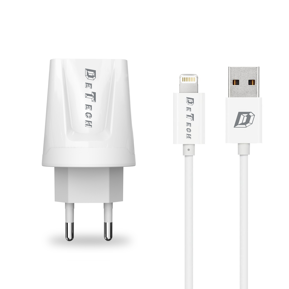 DeTech, DE-01i Network charger,5V/2.1A 220A,Universal,1 x USB,With Lightning cable,1.0m,White- 14120