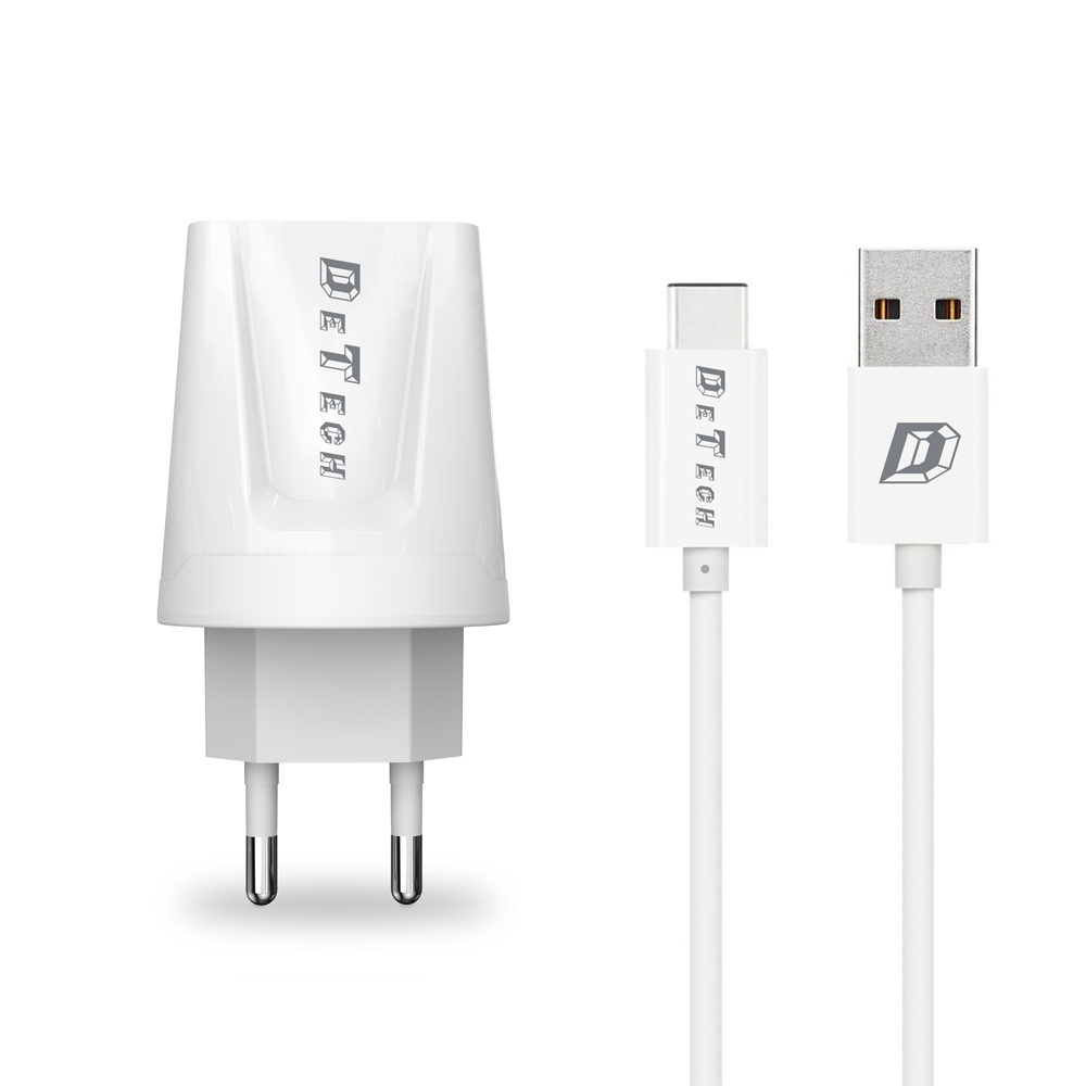 DeTech, DE-01C, Network charger,5V/2.1A 220A, Universal,1 x USB,Type-C cable, 1.0m,White-14121