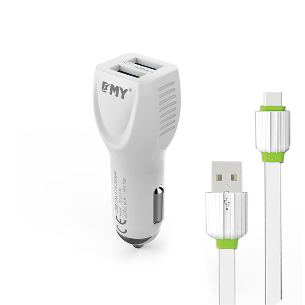 EMY MY-112,Car socket charger 5V 2.4A, Universal , 2xUSB, With Type-C cable, White - 14958