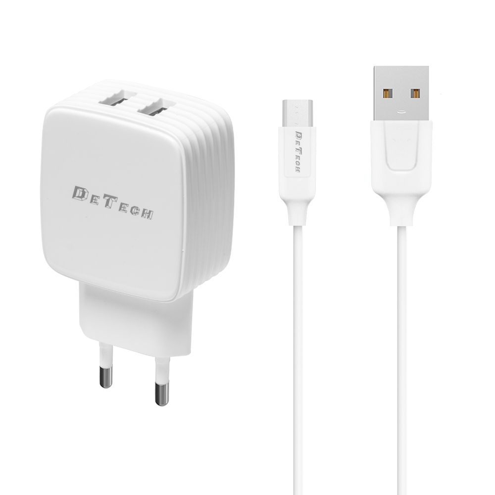 DeTech,DE-33M,Network charger 5V/2.4A 220A, Universal,2 x USB,Micro USB cable,1.0m,White-40100