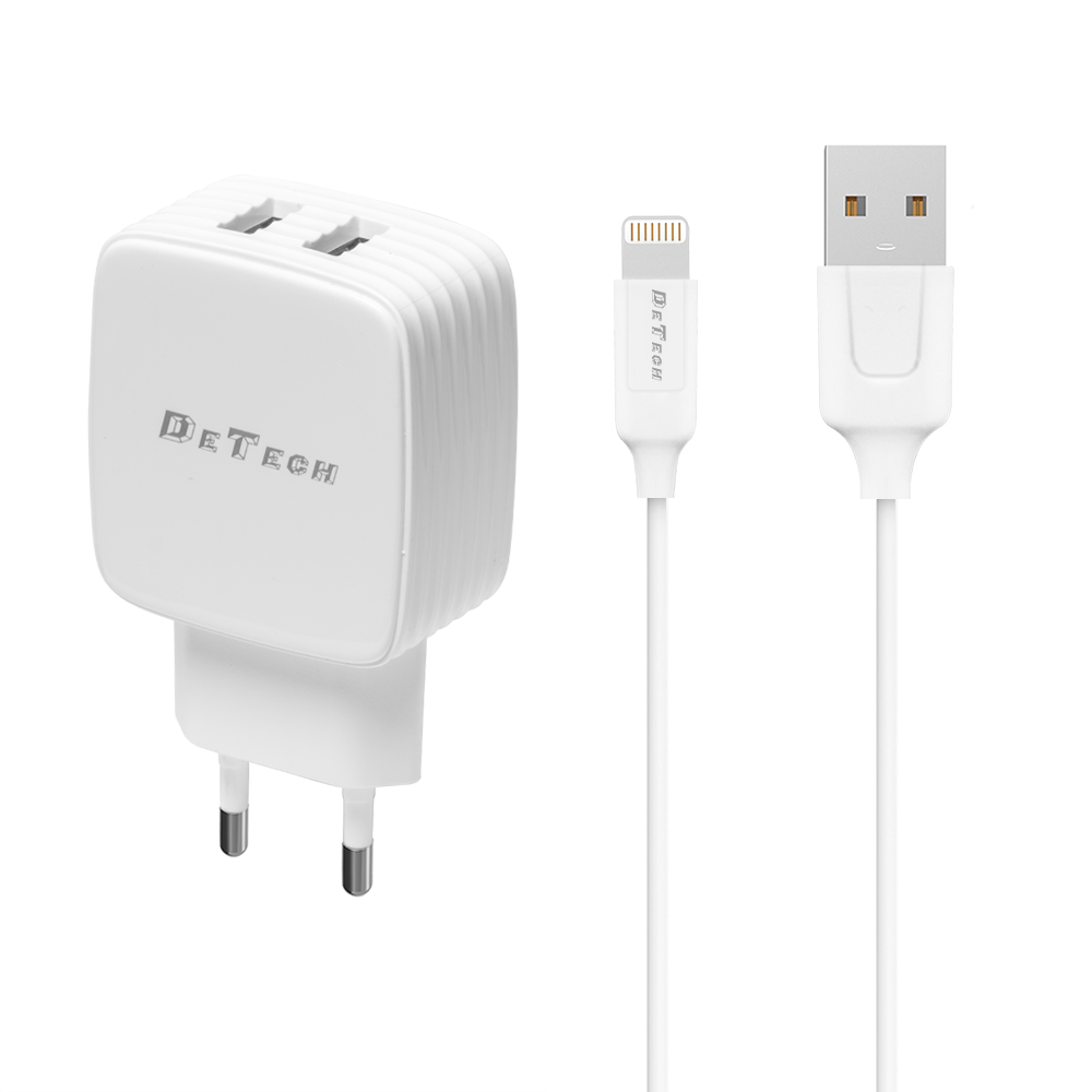 DeTech DE-33i,Network charger 5V/2.4A 220A,Universal,2 x USB,With Lightning cable, 1.0m,White-40101