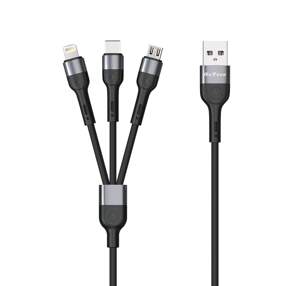 DeTech DE-C41,Charging cable 3in1, Micro USB, Lightning, Type-C, 1.0m, Black - 40204