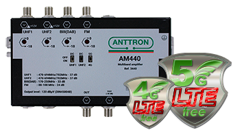 Anttron AM440-Multiband amplifier 4 inputs FM: 22dB - BIII(DAB) : 33dB - 2 x 21-4 lte 4/5 free