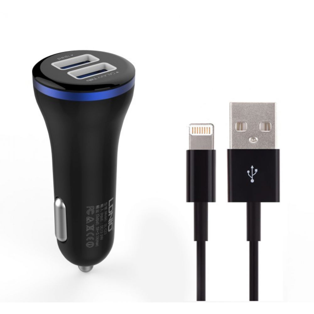 LDNIO DL-C23, 5V/3.1A, Car socket charger Universal,2xUSB, With cable for iPhone 5/6/7SE,W/B,14382