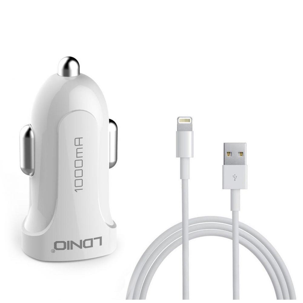 LDNIO DL-C17, 5V/1A,Car socket charger Universal,2xUSB, With cable for iPhone 5/6/7SE,White - 14378