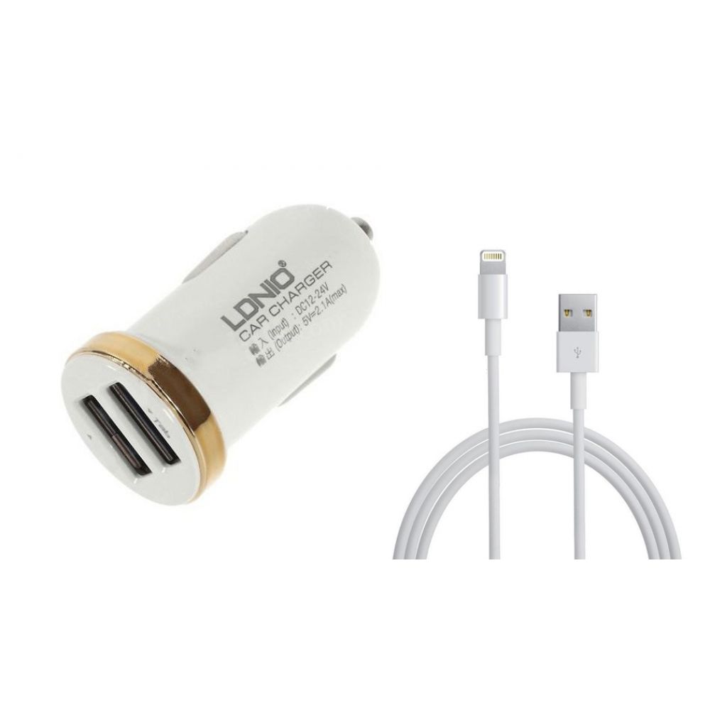 LDNIO DL-C22, 5V/2.1A, Car socket charger Universal, 2xUSB,With cable for iPhone 5/6/7SE,W/B,14380