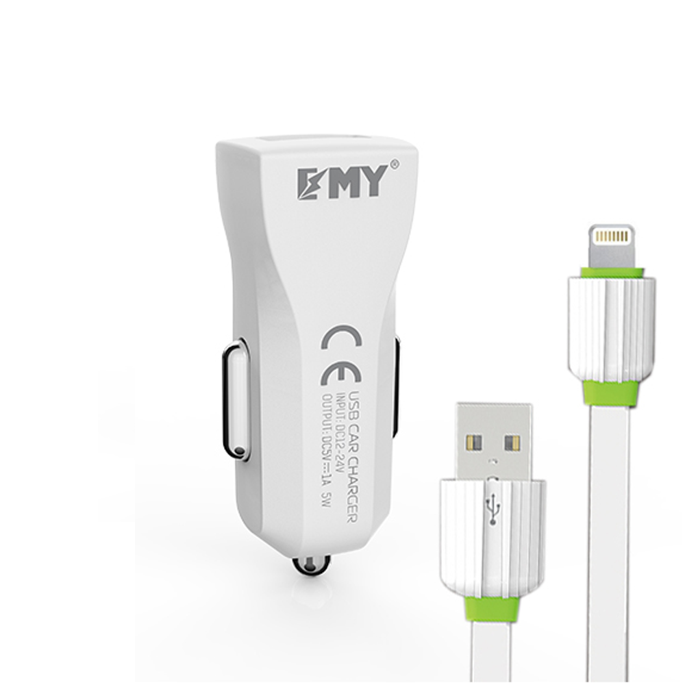 EMY MY-110 Car socket charger, 5V 1A, Universal , 1xUSB, with iPhone 5/6/7 cable, White - 14437