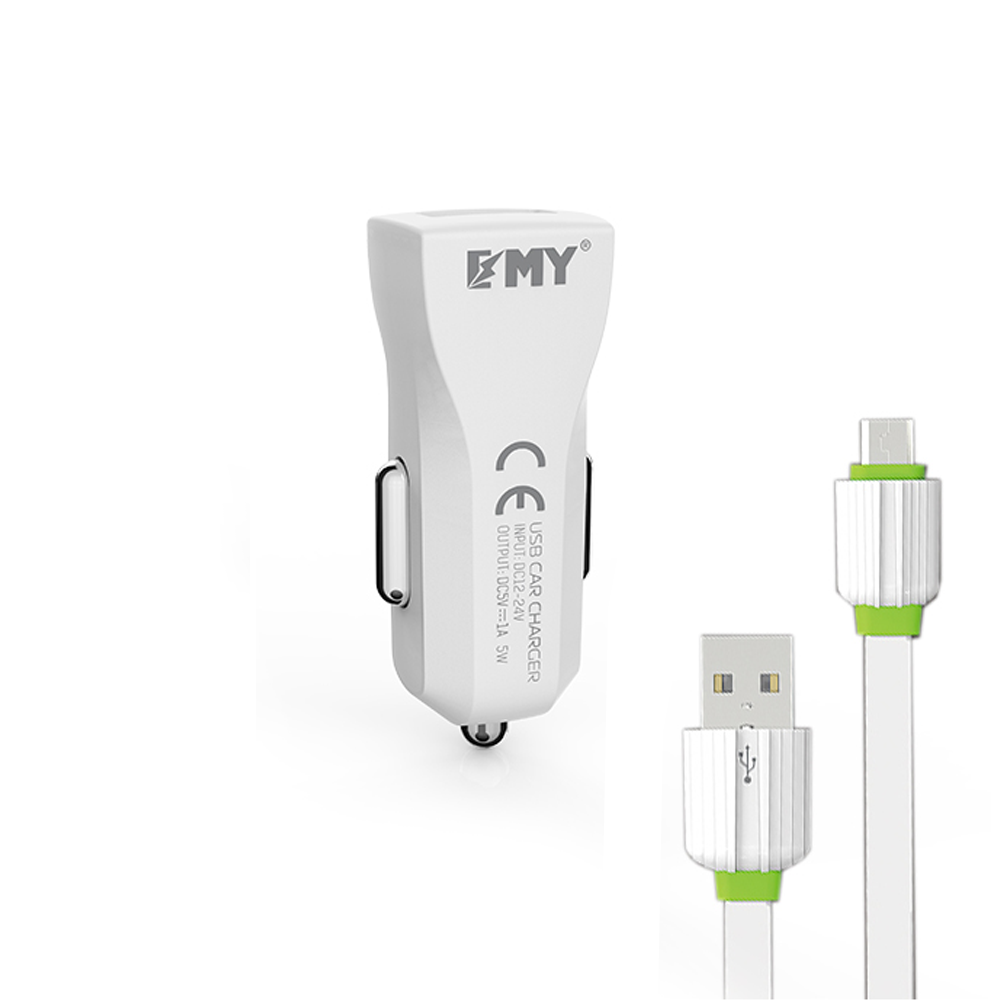 EMY MY-110 Car socket charger, 5V 1A, Universal , 1xUSB, with Micro USB cable, White - 14436