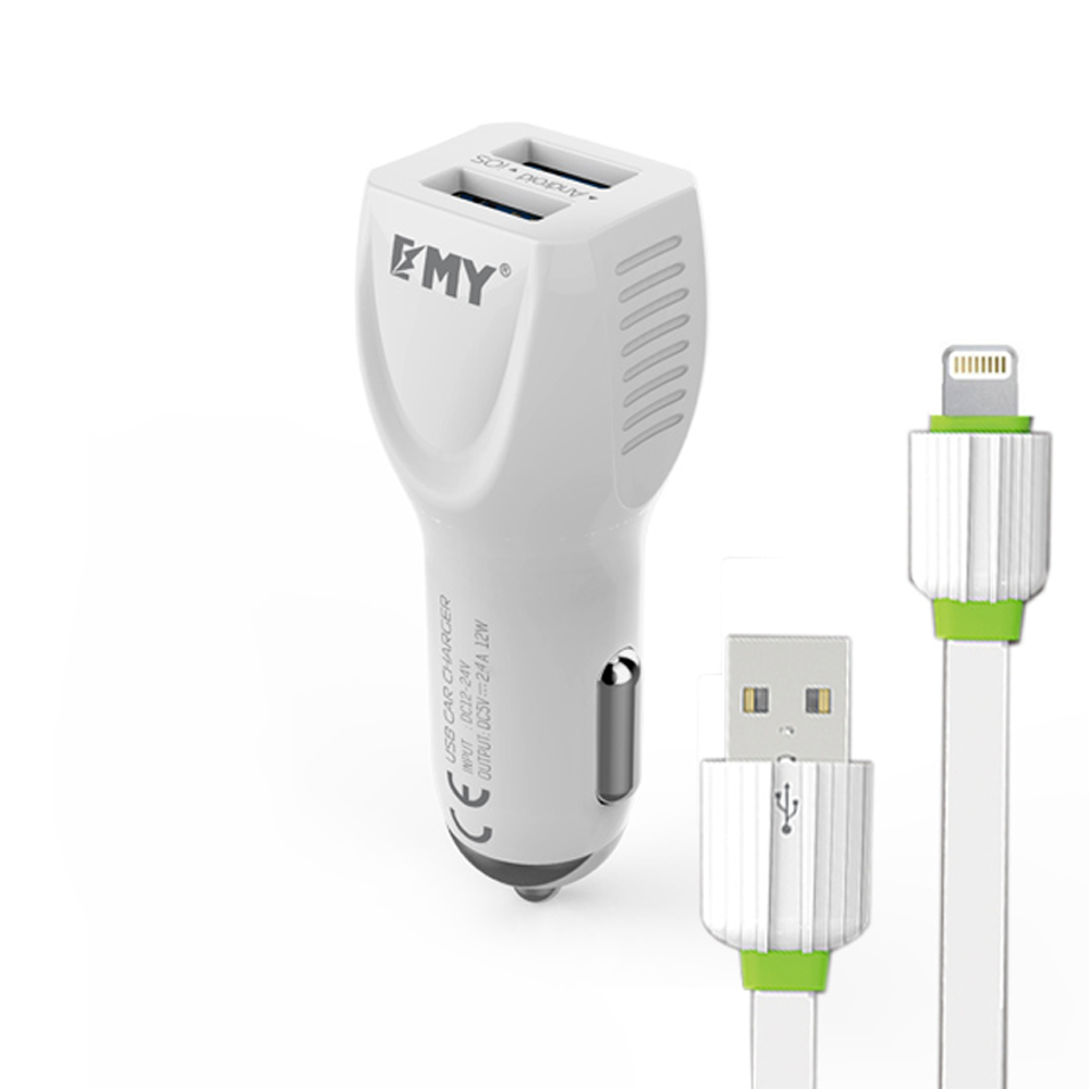 EMY MY-112, Car socket charger, 5V 2.4A, Universal, 2xUSB,With Lightning(iPhone 5/6/7)cable - 14439