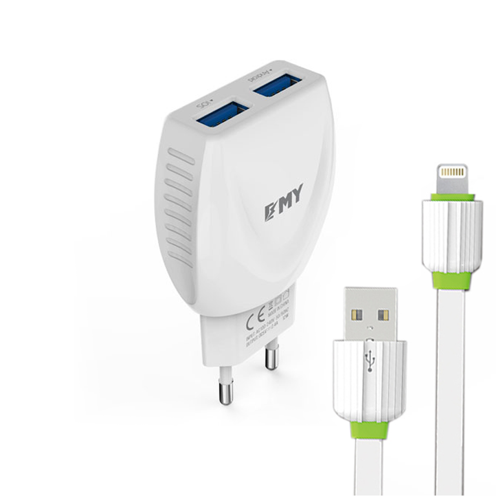 EMY MY-221,Network charger,5V 2.1A, Universal , 2xUSB, With cable for iPhone 5/6/7,White- 14447